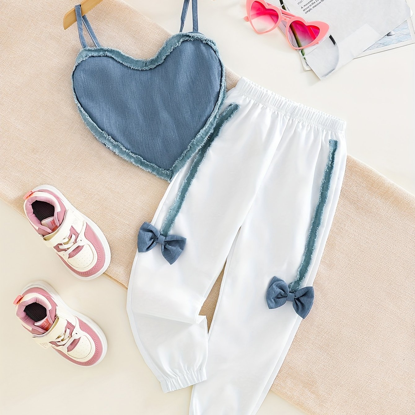Image of Girls' Autumn/winter Fashionable Trendy Style Solid Color Strappy Top With & Comfortable Solid Color Bow Pants 2pcs Set, Perfect For Outdoor