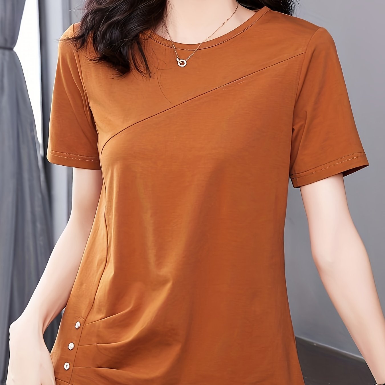 TEMU Camiseta Unicolor Y Sencilla, Casual Con Cuello Redondo Y Manga Corta, Versátil, Ropa De Mujer