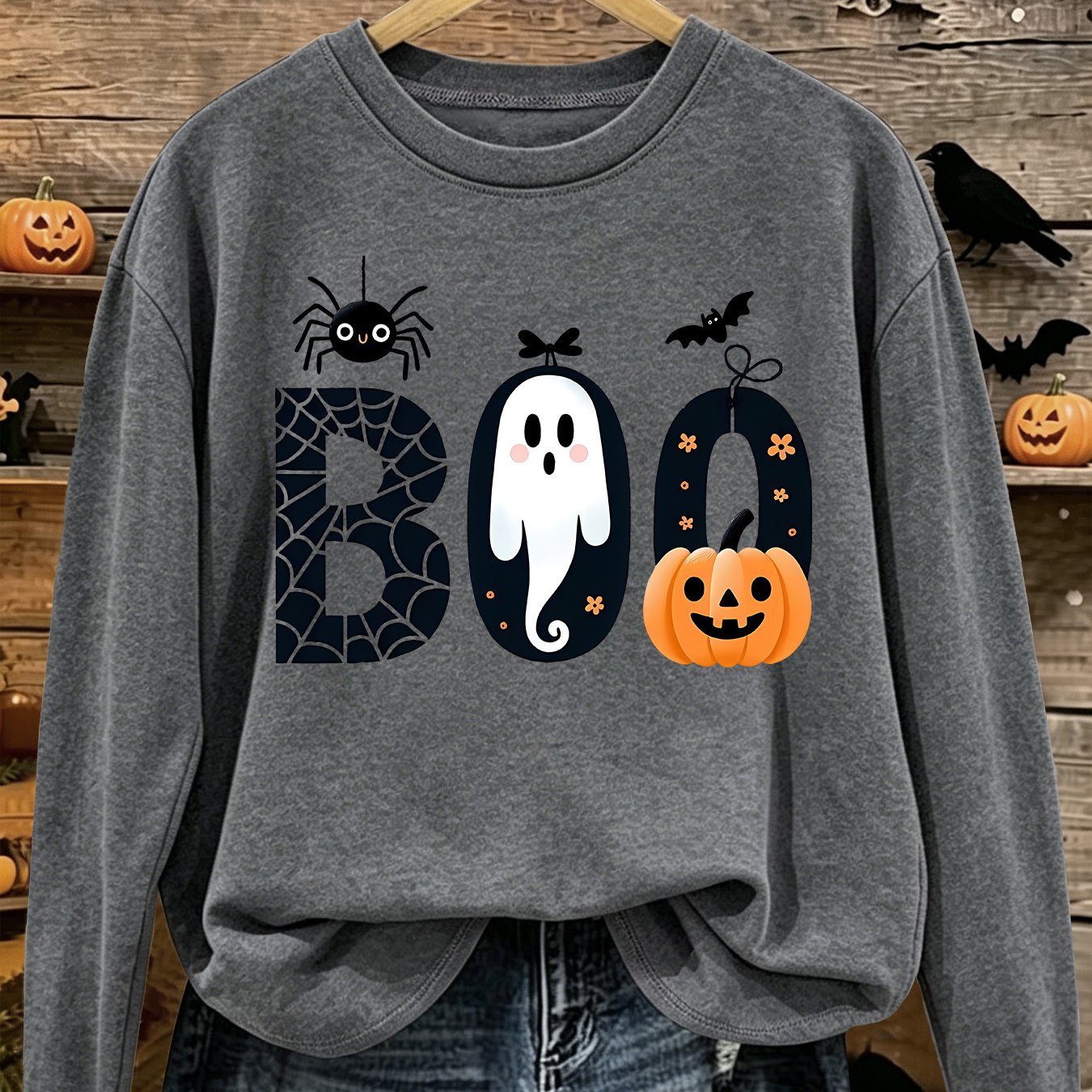 TEMU Size (s-xxl) Women's Casual Sports Long Sleeve T-shirt - [halloween] Boo Spider Pumpkin Pattern Print Round Neck Long Sleeve T-shirt. Style,