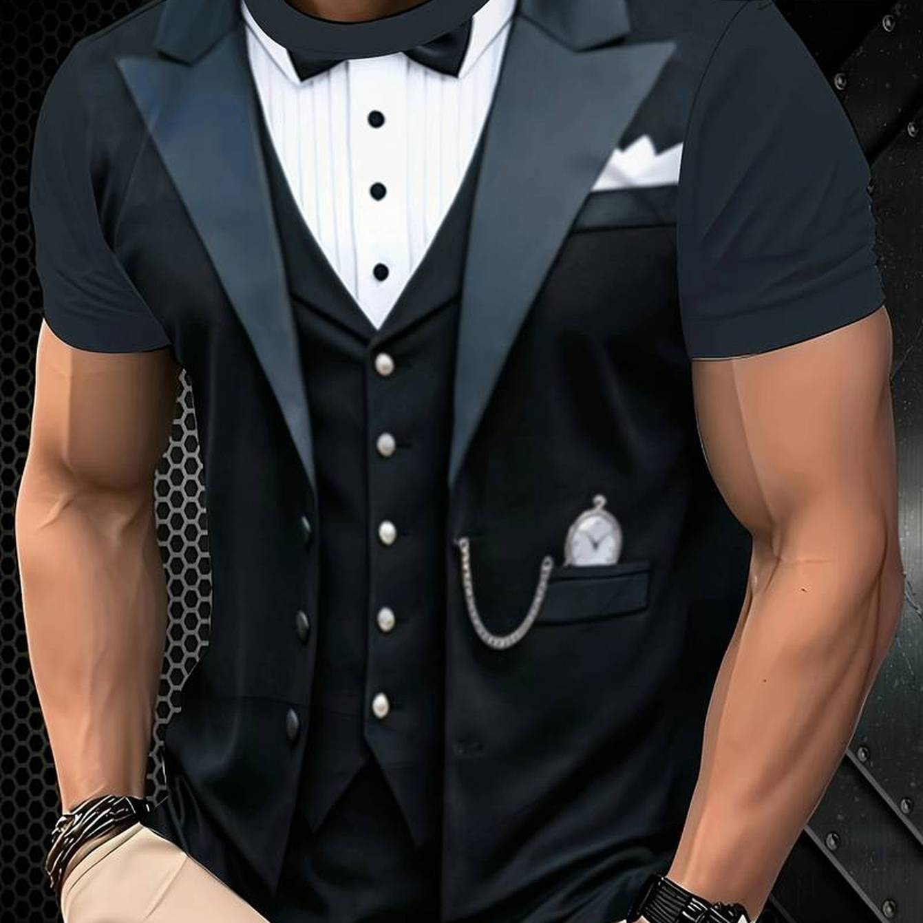 TEMU Men's Black Formal Vest With Bow Tie Print, Short-sleeved -in-1 Versatile T-shirt