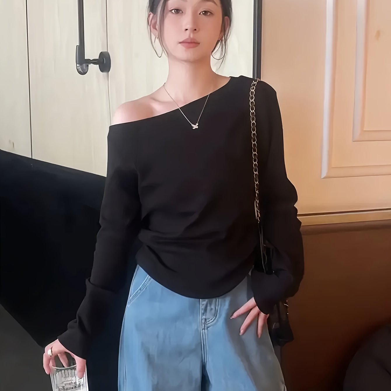 TEMU Black Loose Off-shoulder One-shoulder Neck Long Sleeve T-shirt Women's Base Layer Top