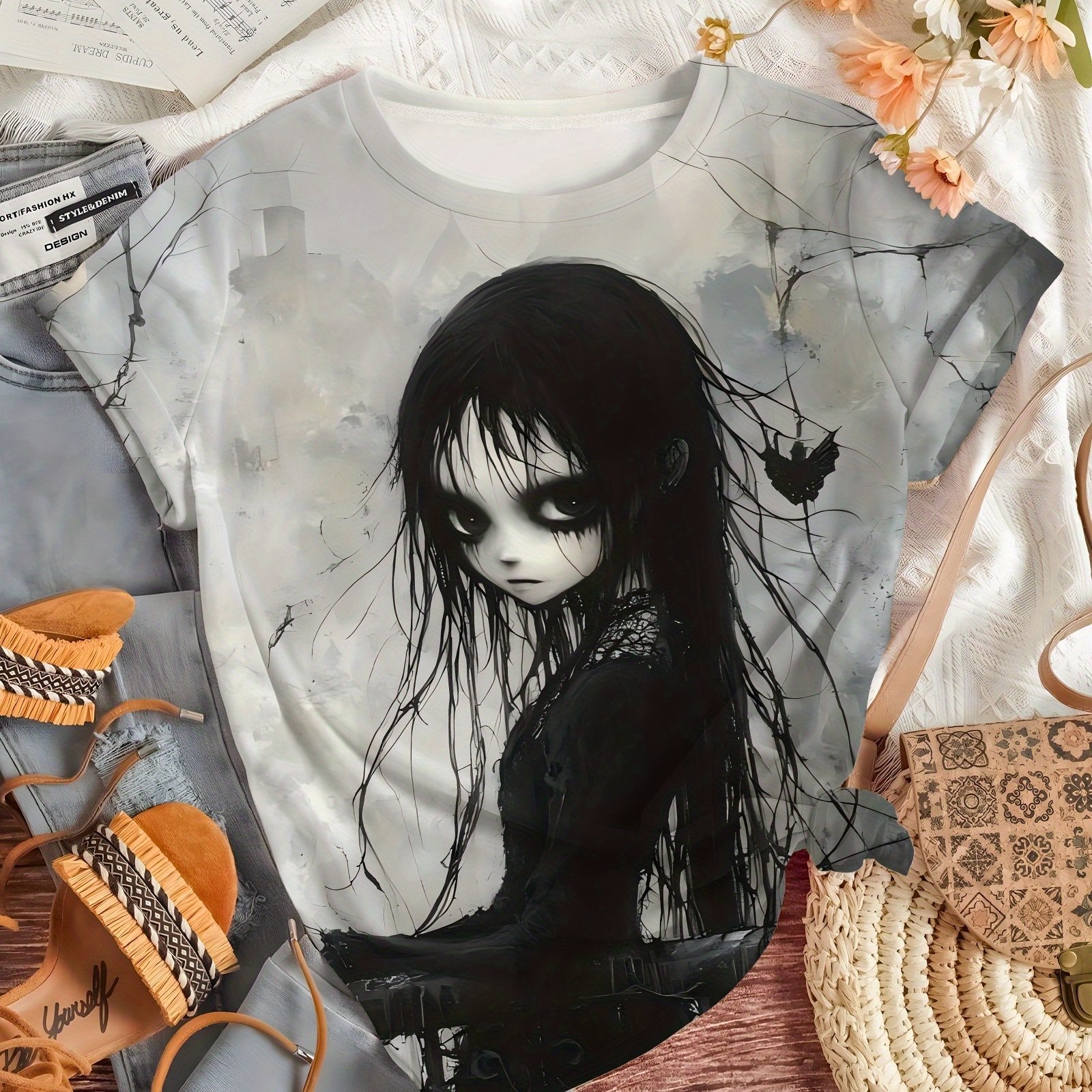 E-shop Dunkles Gothic-Print Damen-Kurzarm-T-Shirt, Ganzjahresgeeignet, Maschinenwaschbarer Party-Top, Langlebiger Stoff, Casual Kurzarm-Rundhals-Top
