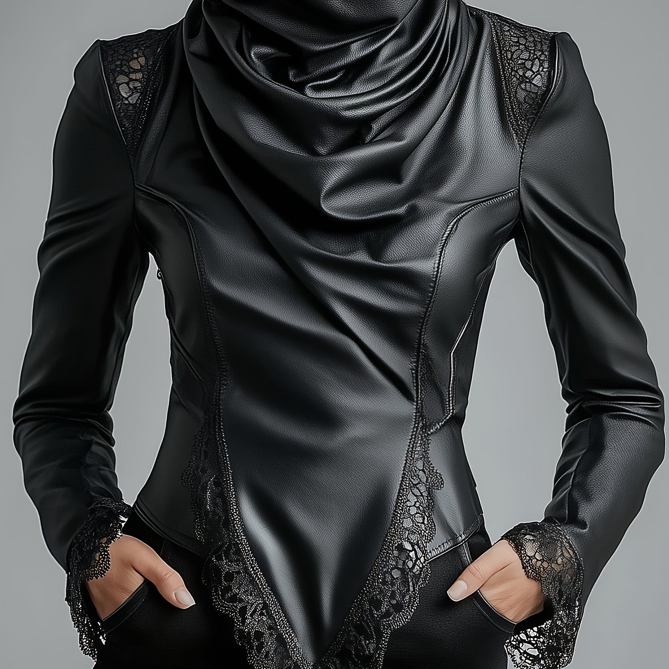 Elegant Women's Turtleneck Pu Top Cool And Stylish Pleated Long Sleeve Irregular Hem Short Top