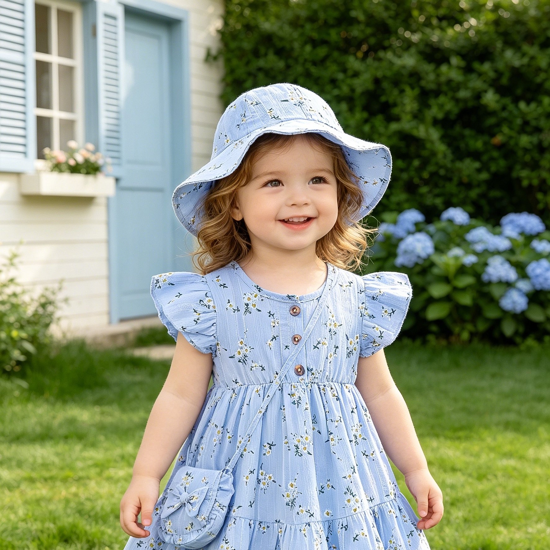 TEMU 3pcs Casual Baby Girl Blue Dress Set, Small Floral Print And , With Cute Bag Bow Decoration And Sun Hat, Spring/ Drdoor Wedding Occasion, Sister