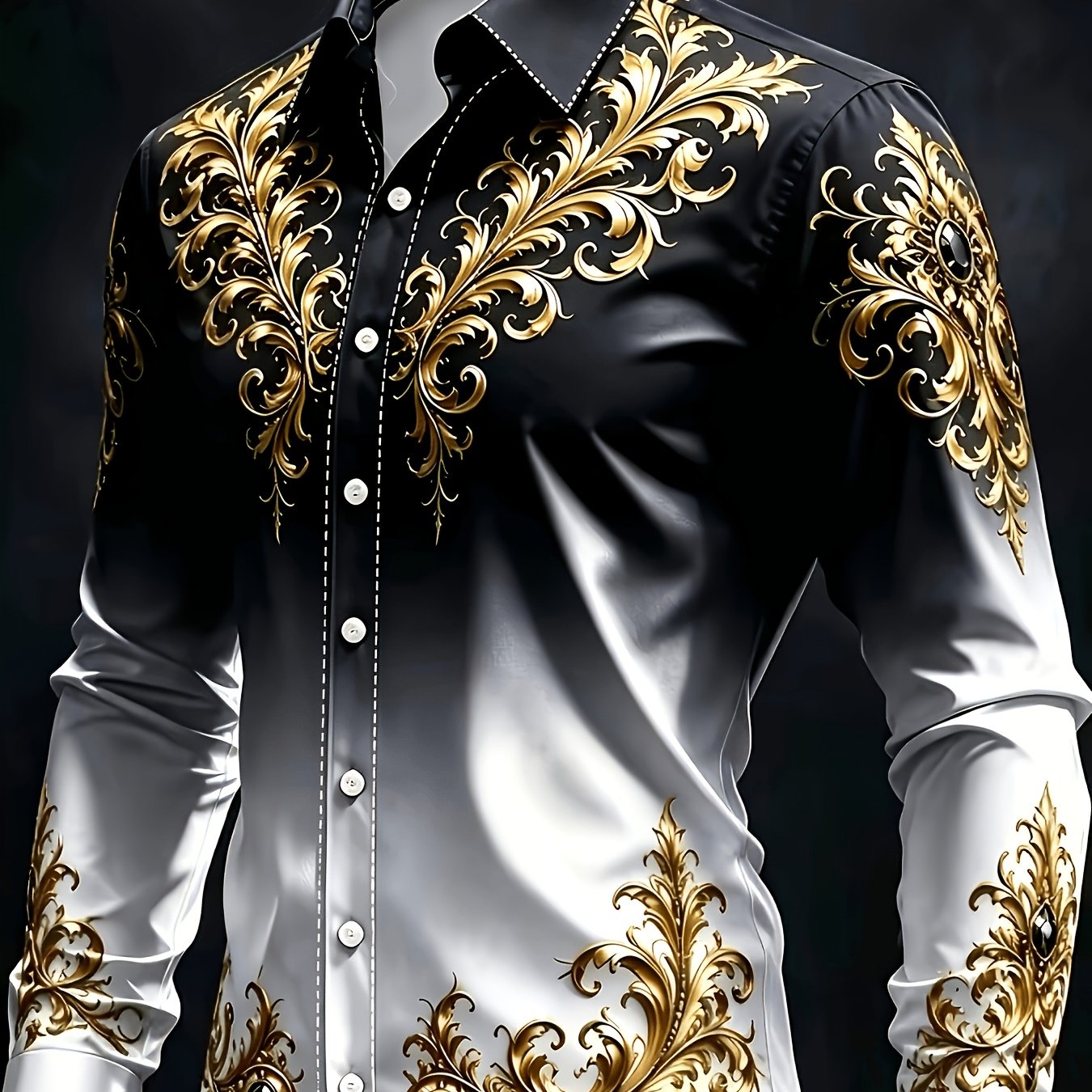TEMU [print Design - No Texture] Men's Lapel Long Sleeve Shirt Luxurious Baroque Casual Wear Suitable For Formal Occasions