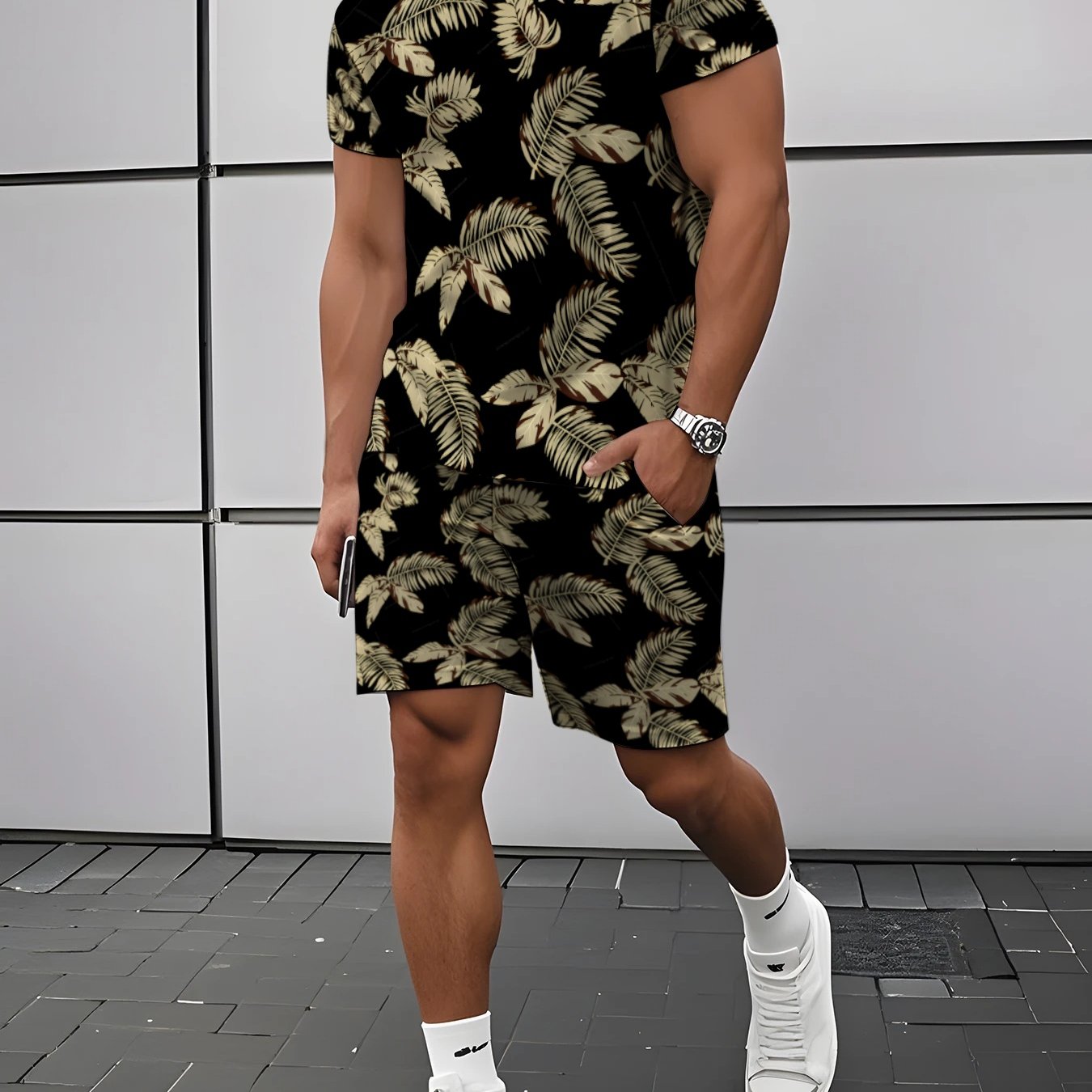 TEMU Men's Summer Printed Short-sleeve Set, Fashionable Tropical Plant Pattern 2pcs Outfit With Shorts And Top, Casual Sportswear