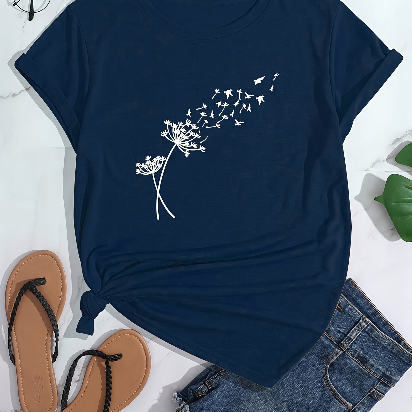 E-shop Damen Kurzarm T-Shirt mit Löwenzahn-Print, Damen Oberteil mit Muster