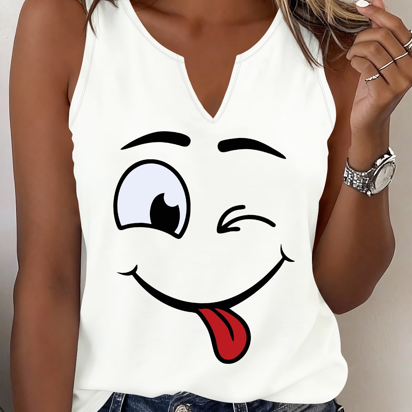 TEMU (052#) Camiseta sin para mujer, y refrescante, con estampado divertido de expresión con lengua , chaleco casual versátil y a
