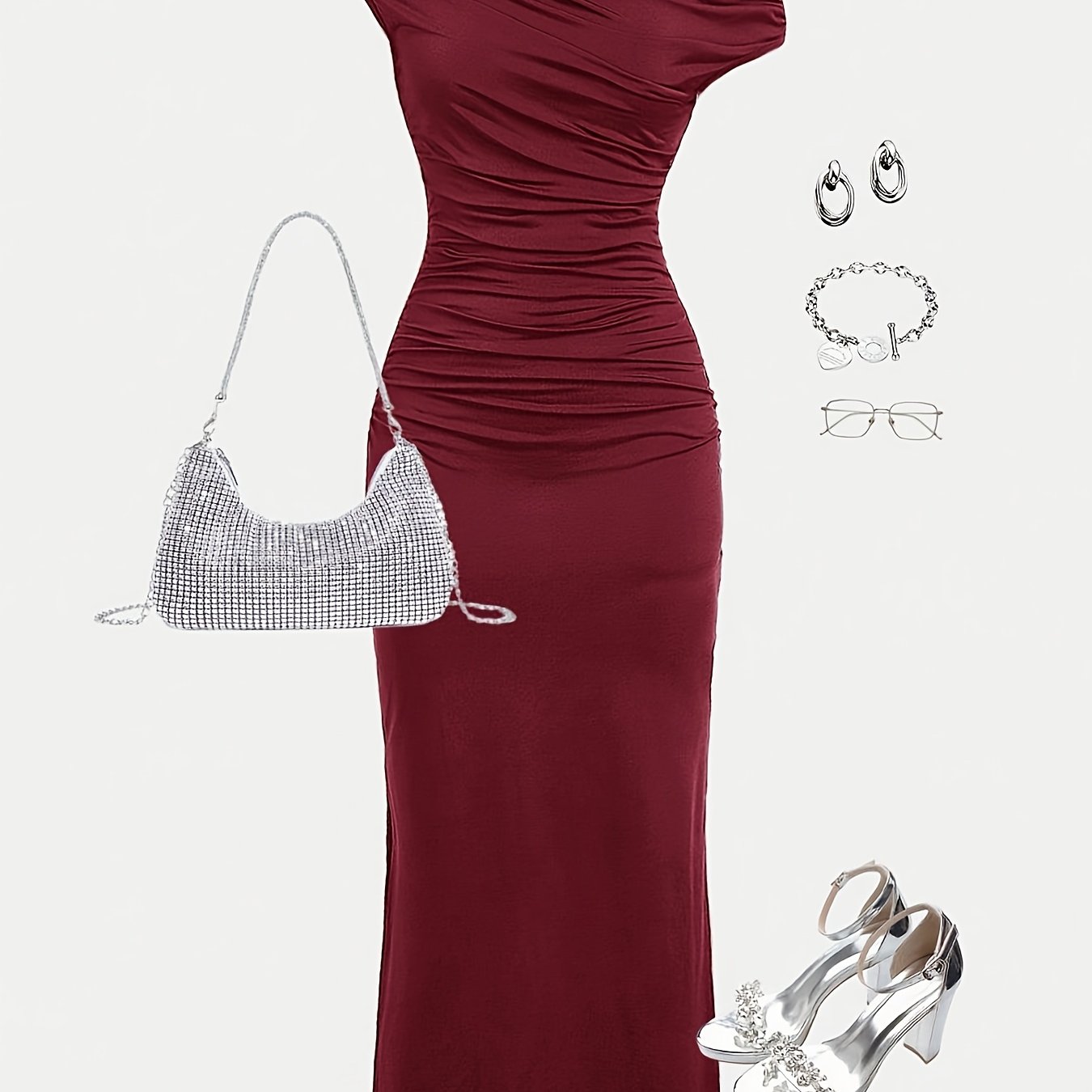 Image of Fashionable ' Dress Multicolor Bodycon Long Skirt Off-shoulder Sloped Shoulder Ruched Design Dress, Slimming And Slimming, Suitable For Parties, , And Travel - Or Birthday Gift