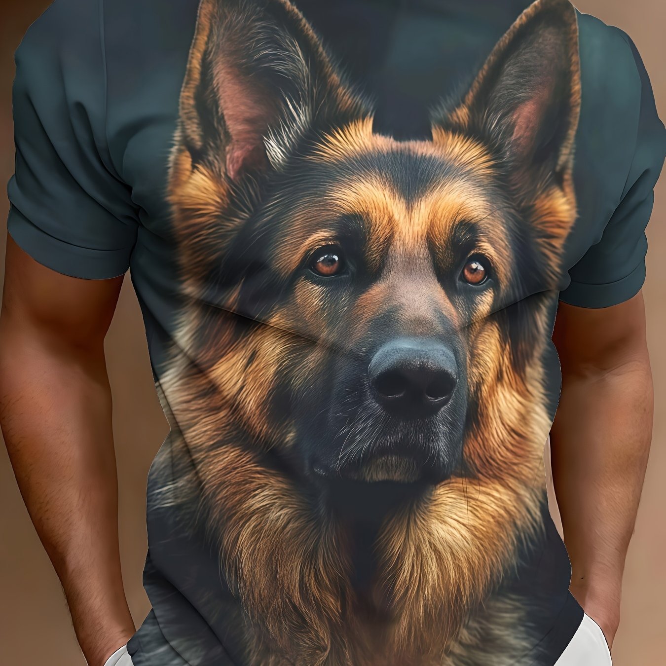 TEMU [print Design â Not Textured] Men's Realistic German Shepherd Portrait Print T-shirt, Realistic Dog Pattern Top