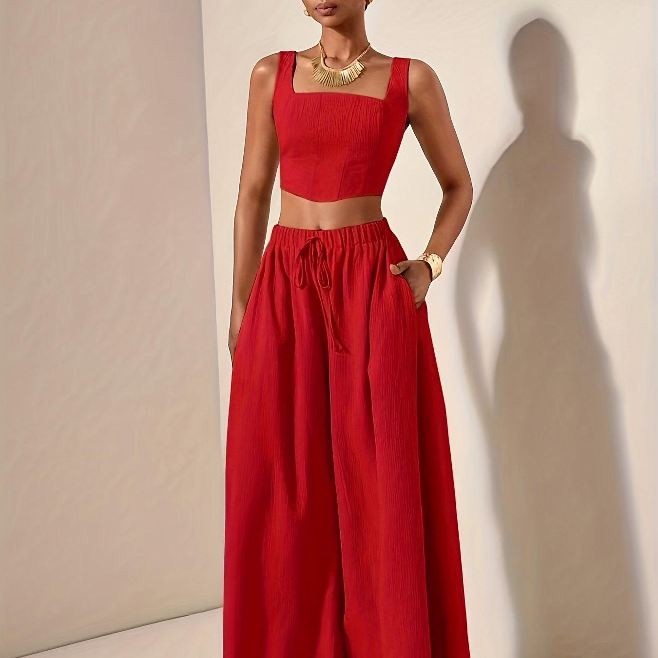 TEMU 2025 / Casual Fishbone Cami Top And Wide-leg Pants With Pockets 2pcs Set, Textured Fabric Material