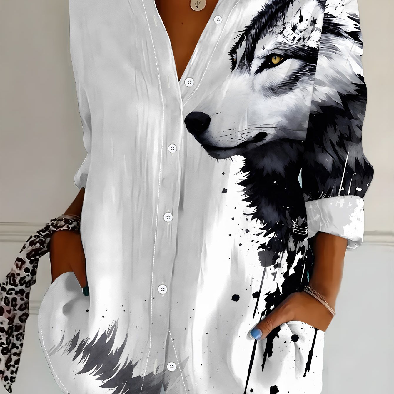 TEMU Plus Size Women's Long Sleeve Shirt, Wolf Print Style, Loose Printed Shirt, Ink Style Pattern, Mid-length Women's Long Sleeve Collared Shirt,