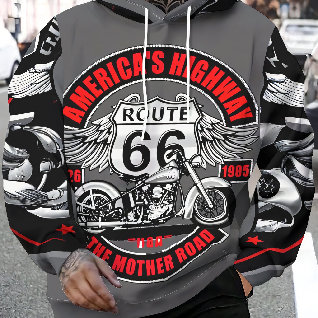Image of New Arrival Men Plus Size Motorcycle Themed Full Print Hooded Sweatshirt Design Versatile Wear Trendy Outdoor Street Pullover Hoodie