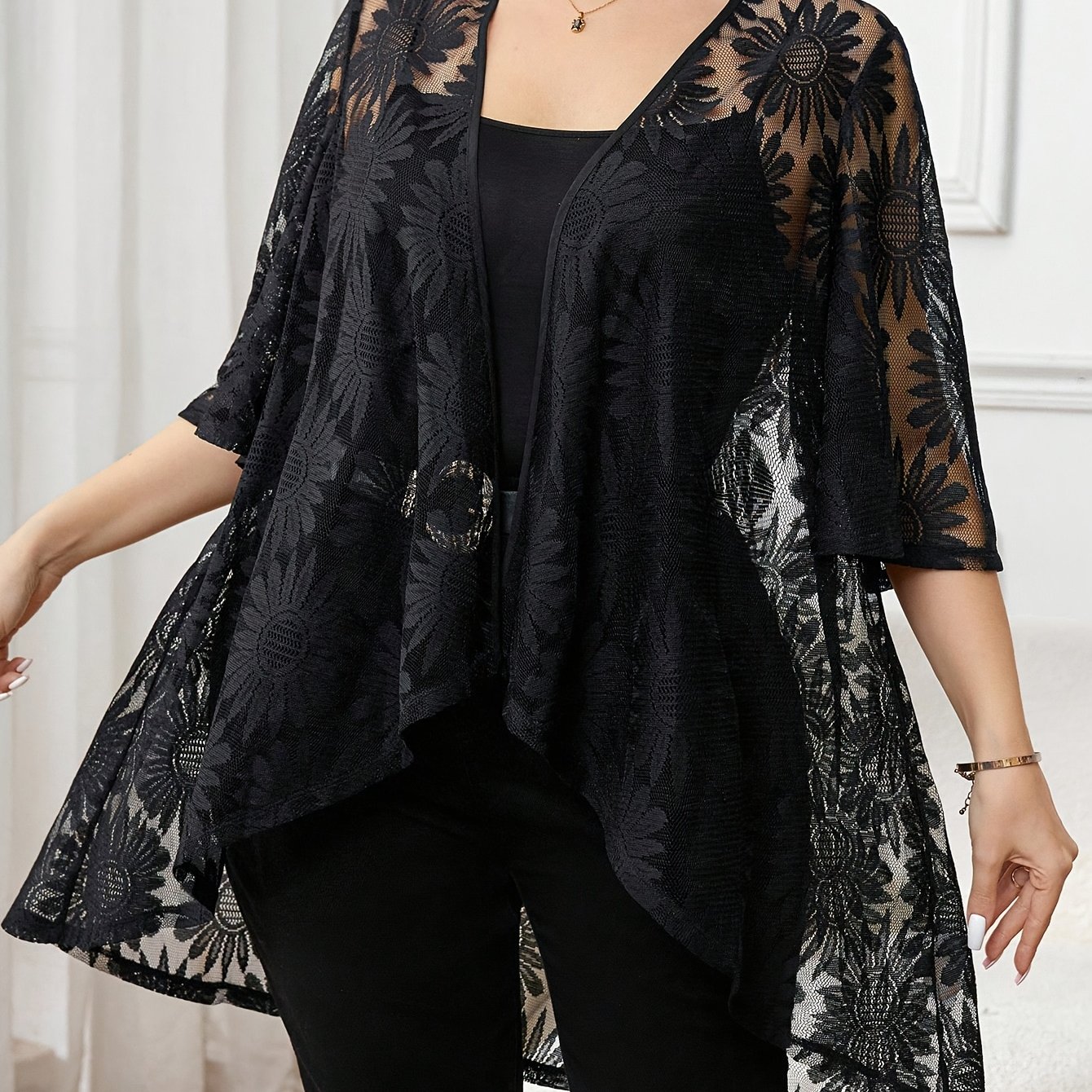 TEMU Plus Size - Summer New Plus Size Solid Color Lace Flower Embroidery Sheer Loose Cardigan Valentine's Day/ramadan/easter Elegant And Exquisite