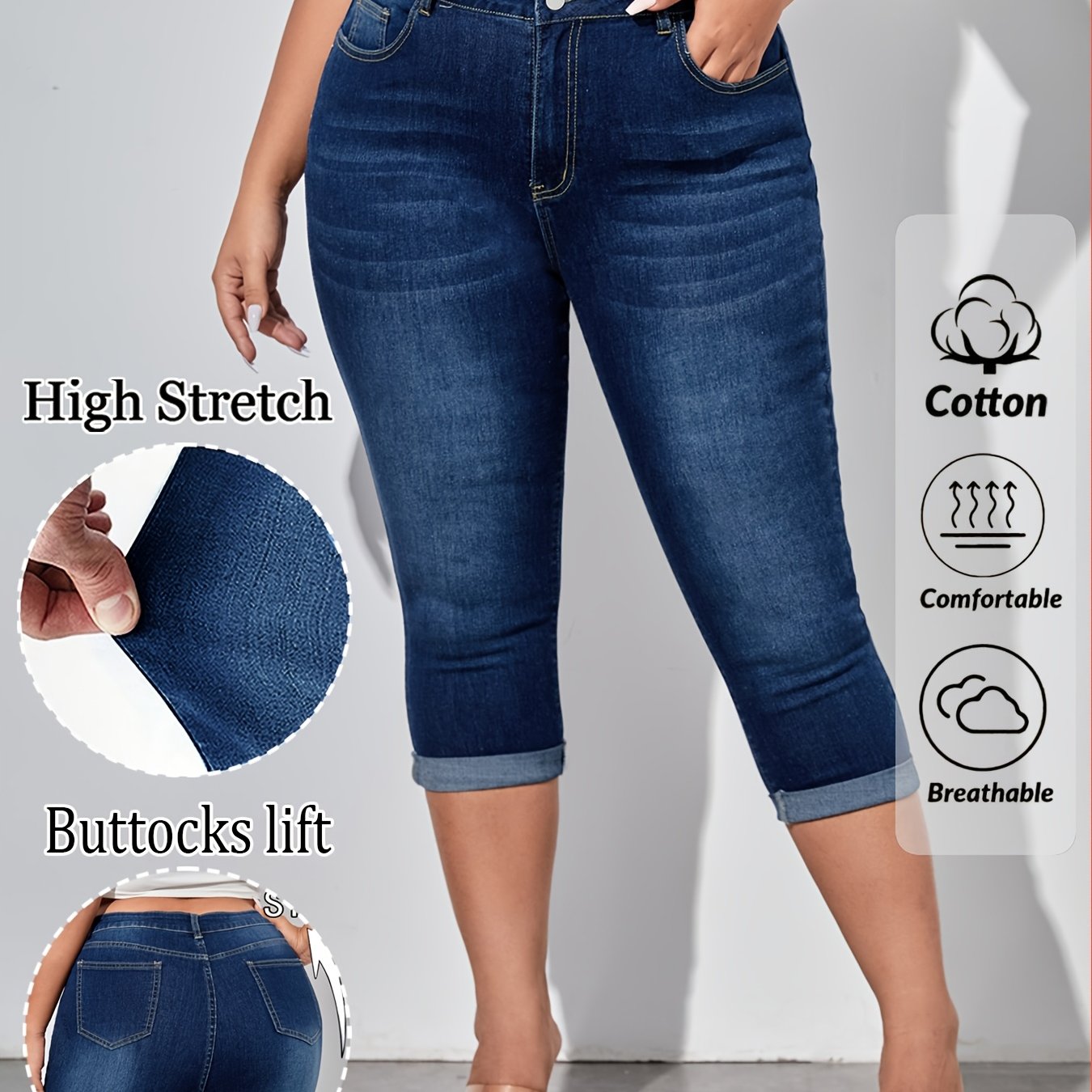 Image of Women's Plus Size Blue Denim Roll-up Hem Skinny Jeans, Style Cropped Jeans, Women's Jeans And Apparel