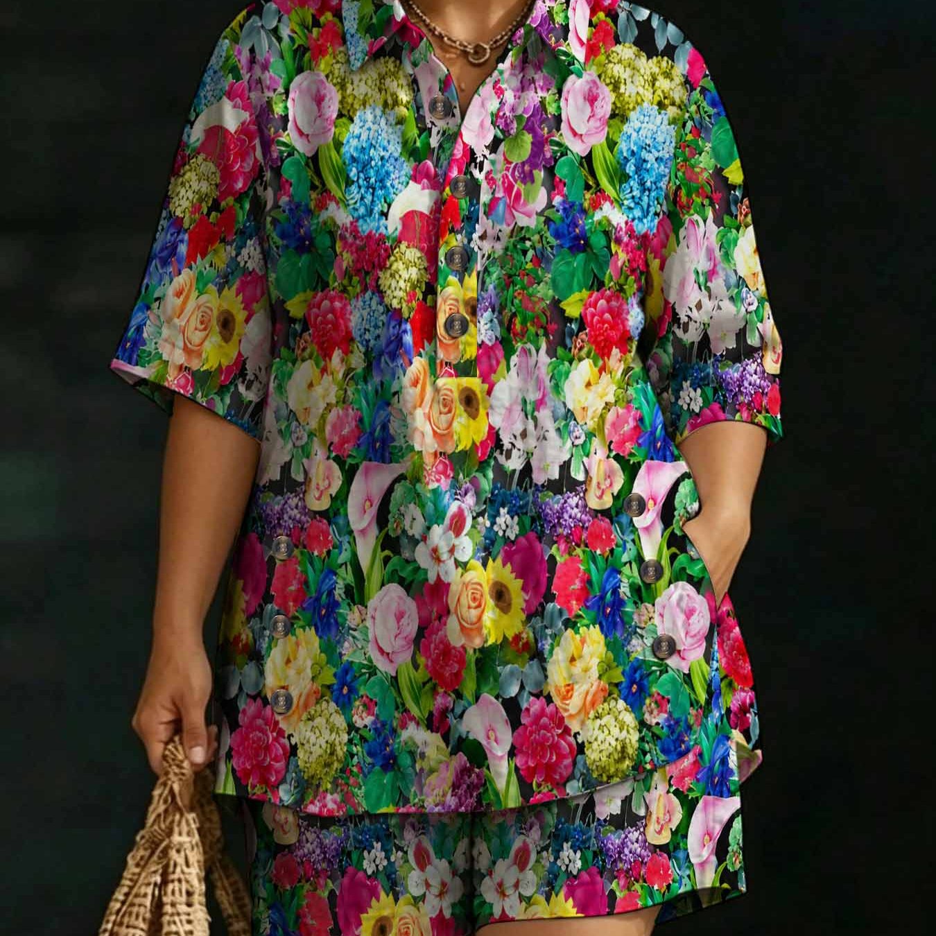 Image of Plus Size, Plussize Women's Vibrant Floral , Boho Chic Summer Casual Pocket Shirt And Shorts Set, Colorful Botanical Aesthetic Outfit With Functional Pockets For Women.