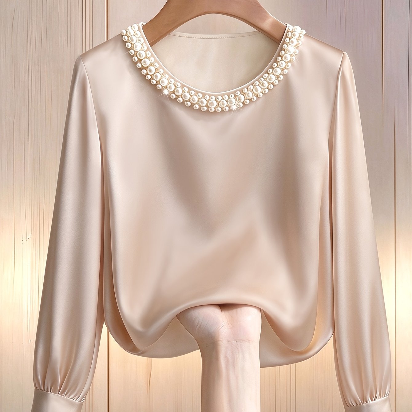 TEMU Elegant Round Neck Beaded Long Sleeve Women's Shirt Asd1