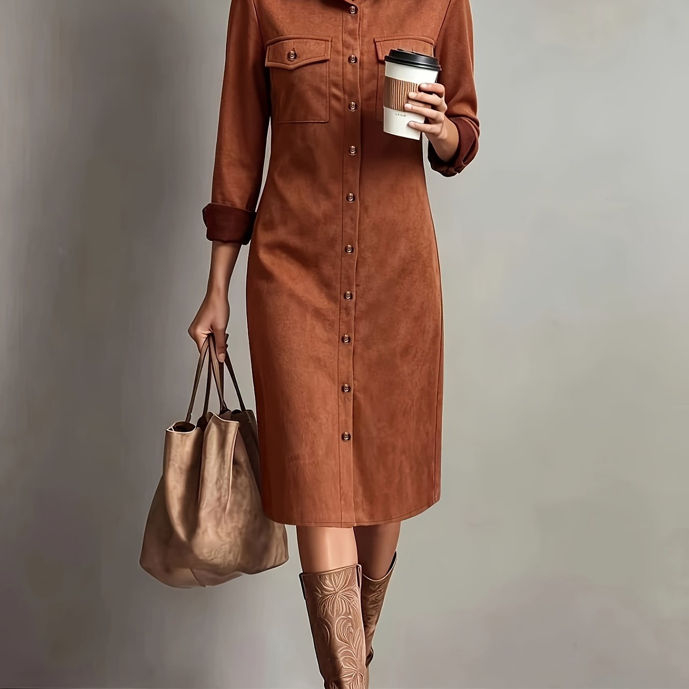 TEMU XZ260727258 Vestido de Mujer Estilo Dirigencial Retro Camisa de Terciopelo Vestido de Otoño de Mujer Solapa Larga Botón Único Bolsillo de Carga