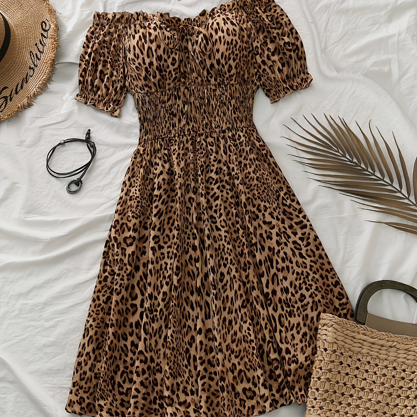 TEMU Leopard Print Off-the-shoulder Women's Dress, Elastic Waist Design Women's Skirt, Ruffle Neckline Skirt, One-shoulder Women's Dress, Elegant