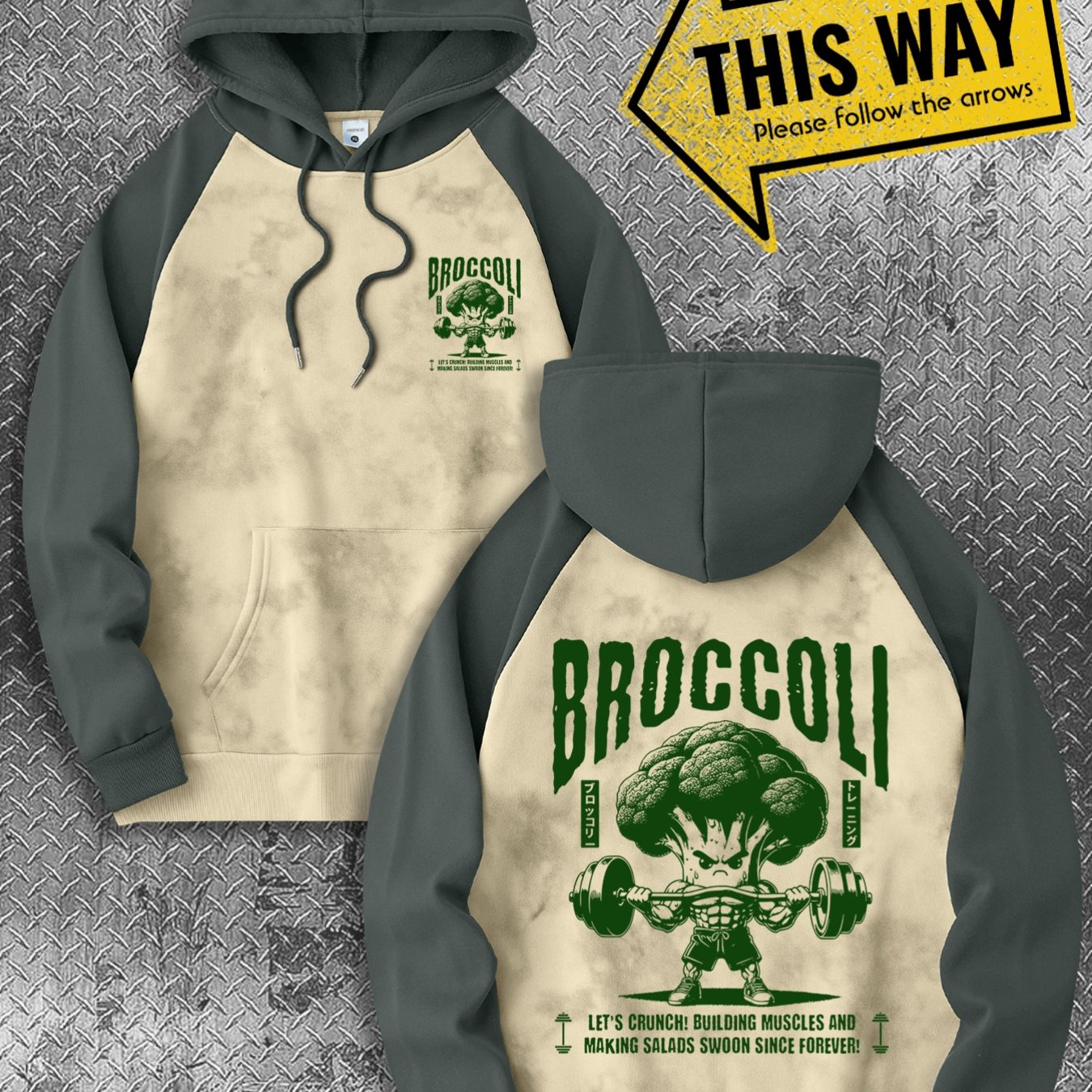 TEMU Мъжка суичърт - Бежово и зелено цветно блокирано, BROCCOLI графична пуловер с джоб преден за тренировки и ежедневие, забавна зеленчукова тениска