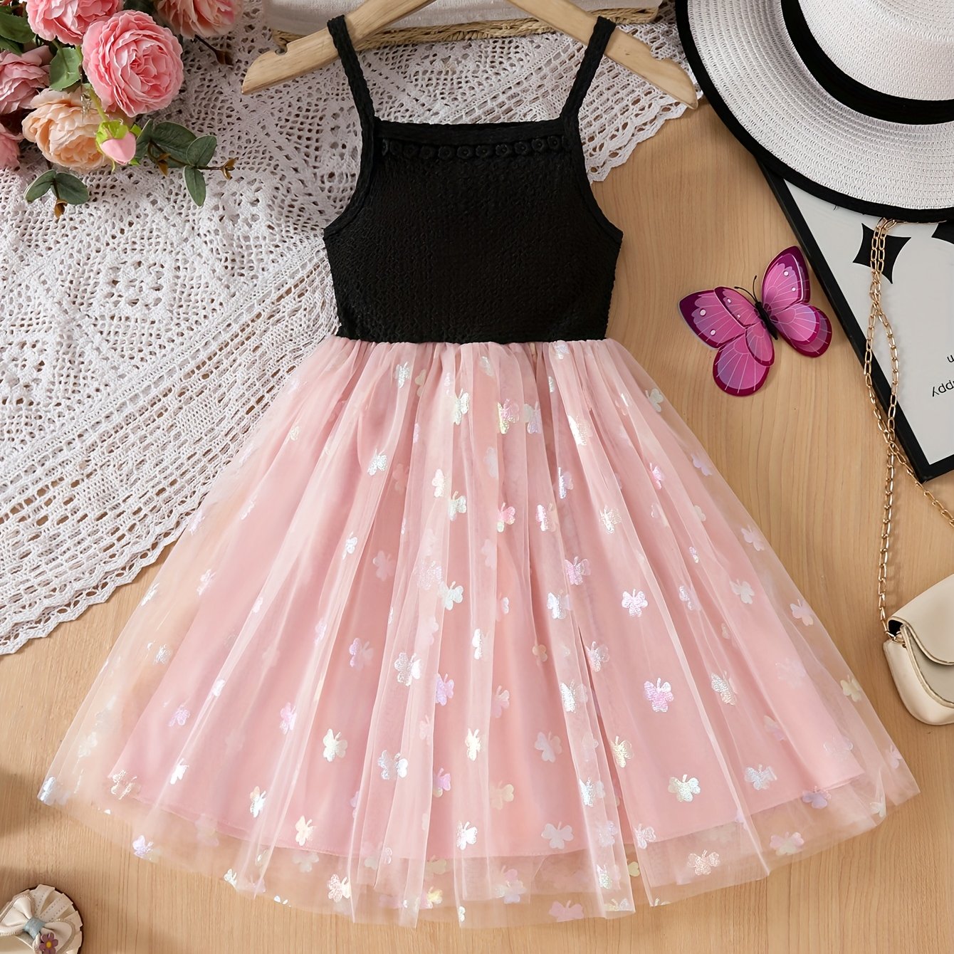 Image of Girls' Camisole Dress, Mesh Iridescent Print Puff Dress, Performance Gown