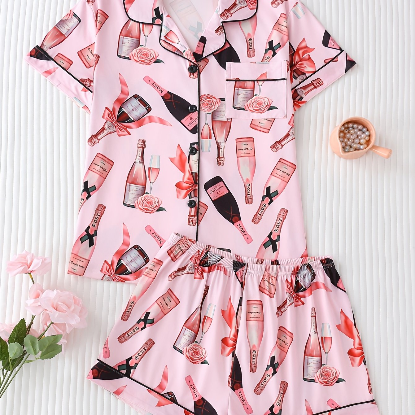 Image of 2pcs Wine Women's Pajama Set, Collar Button Short Sleeve Top And Loose Comfortable Shorts, Elegant Women's Pajama Suit