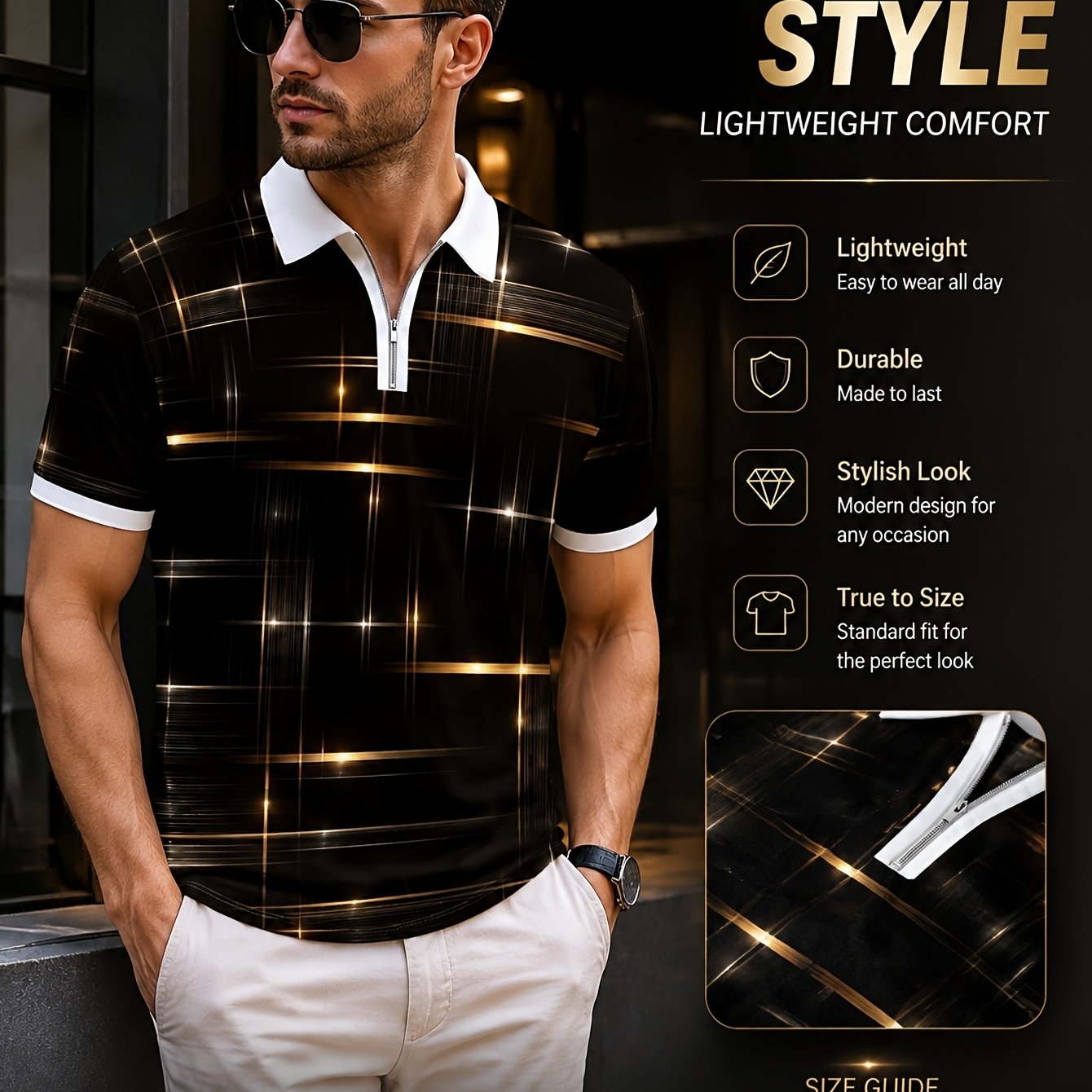 TEMU Men's Short Sleeve Zip Shirt Fashion Trendy Personality Lapel Top Summer Fit Versatile Men's Clothing