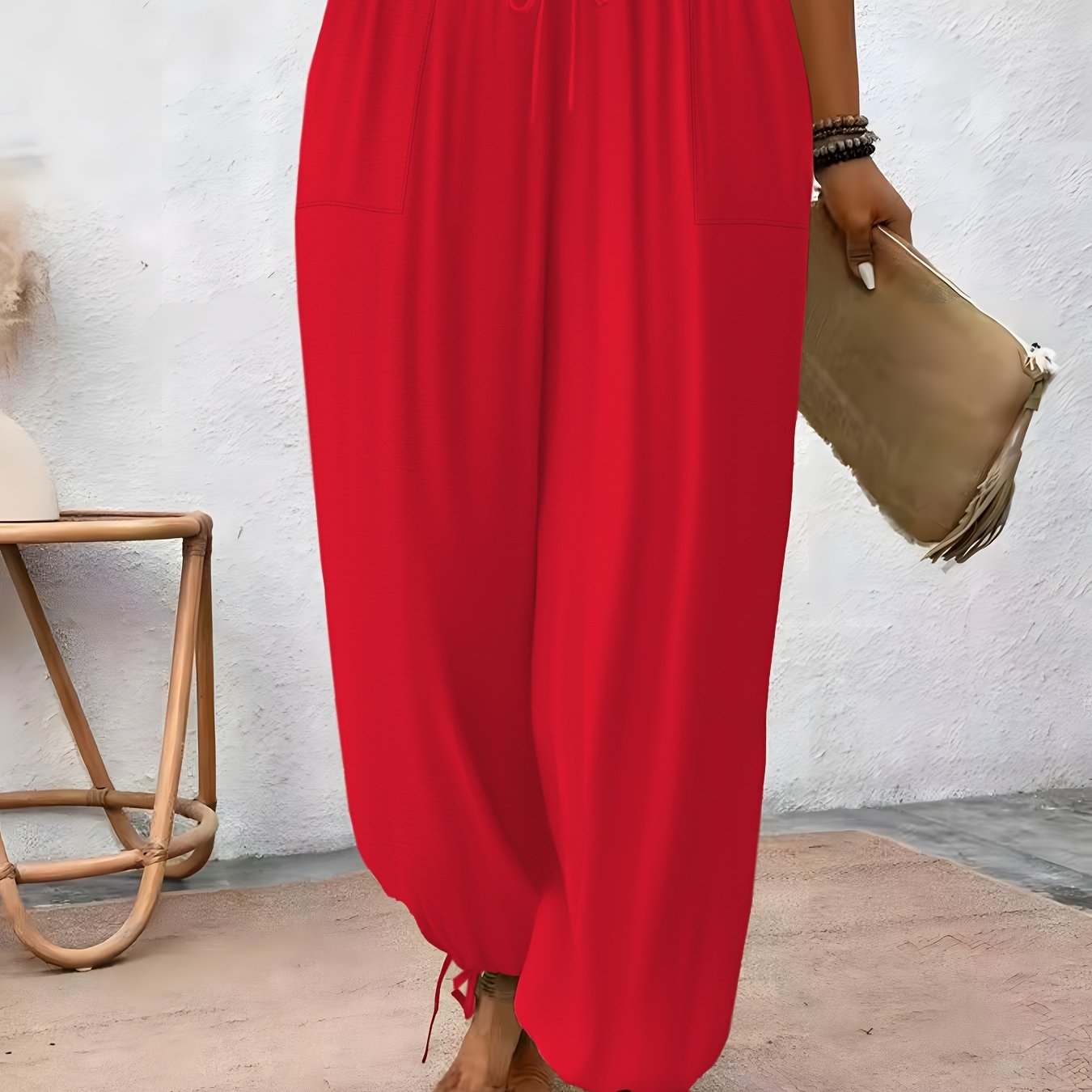 TEMU Plus Size, Women's Elegant Casual Versatile Drawstring Elastic Waist Pants, Spring Summer Autumn Style, , Plus Size