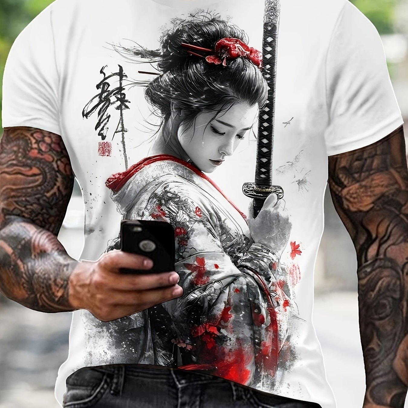 TEMU Men's T-shirt, Female Graphic, T-shirt, Men's Fashionable Casual Comfortable Short-sleeve Top, Japanese Geisha Men's Graphic T-shirt,