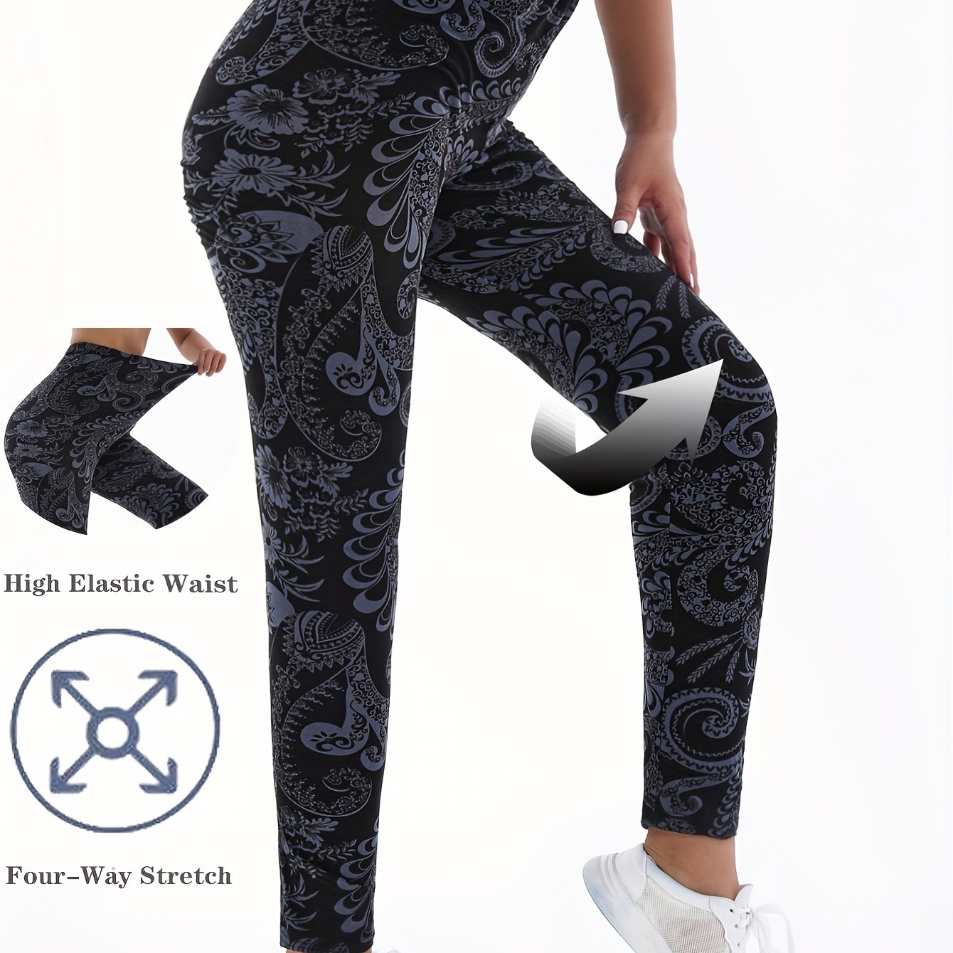 Image of Pants Women Workout Leggings Black Flower Vine Printed Tummy Control High Elasticity Women's Tights Trousers Running Clothes