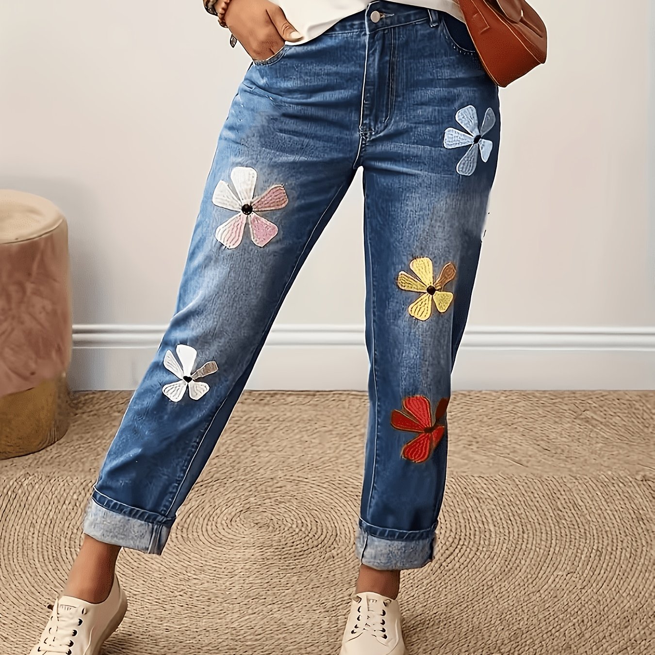 TEMU Women's High Waist Light Blue Wide-leg Pants, Floral & Embroidered Pockets, Casual Pants For Office & Travel, Elegant Gift For Christmas,