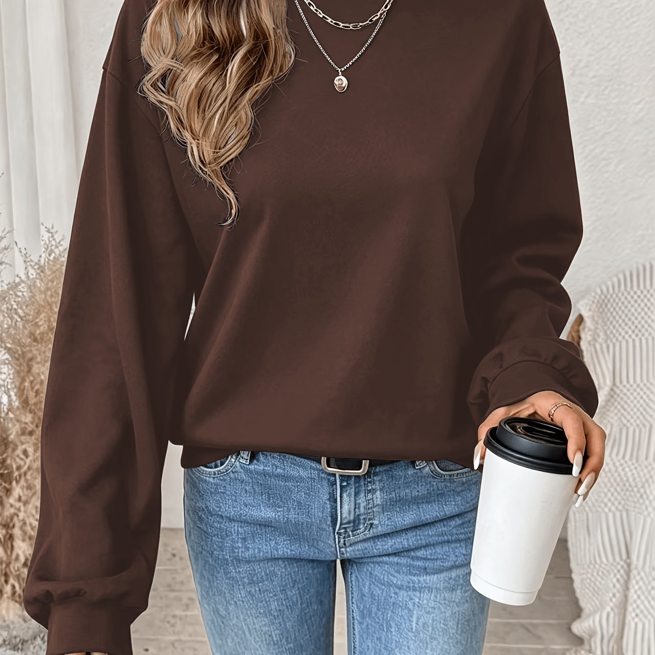 TEMU Women' Color Long Sleeve Sweatshirt, Crew Neck Casual Top, Basic Pullover, Fabric, Suitable For Autumn/winter Outdoor Sports And Daily Wear,