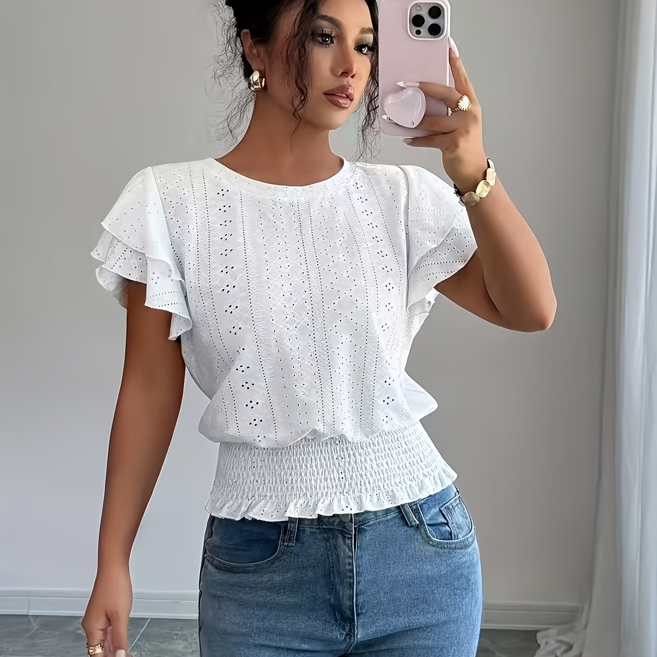 E-shop Damen Casual Rundhals T-Shirt mit Rüschenärmeln, Leichtes Semi-Transparentes Elegantes Oberteil in Unifarben, JYDX