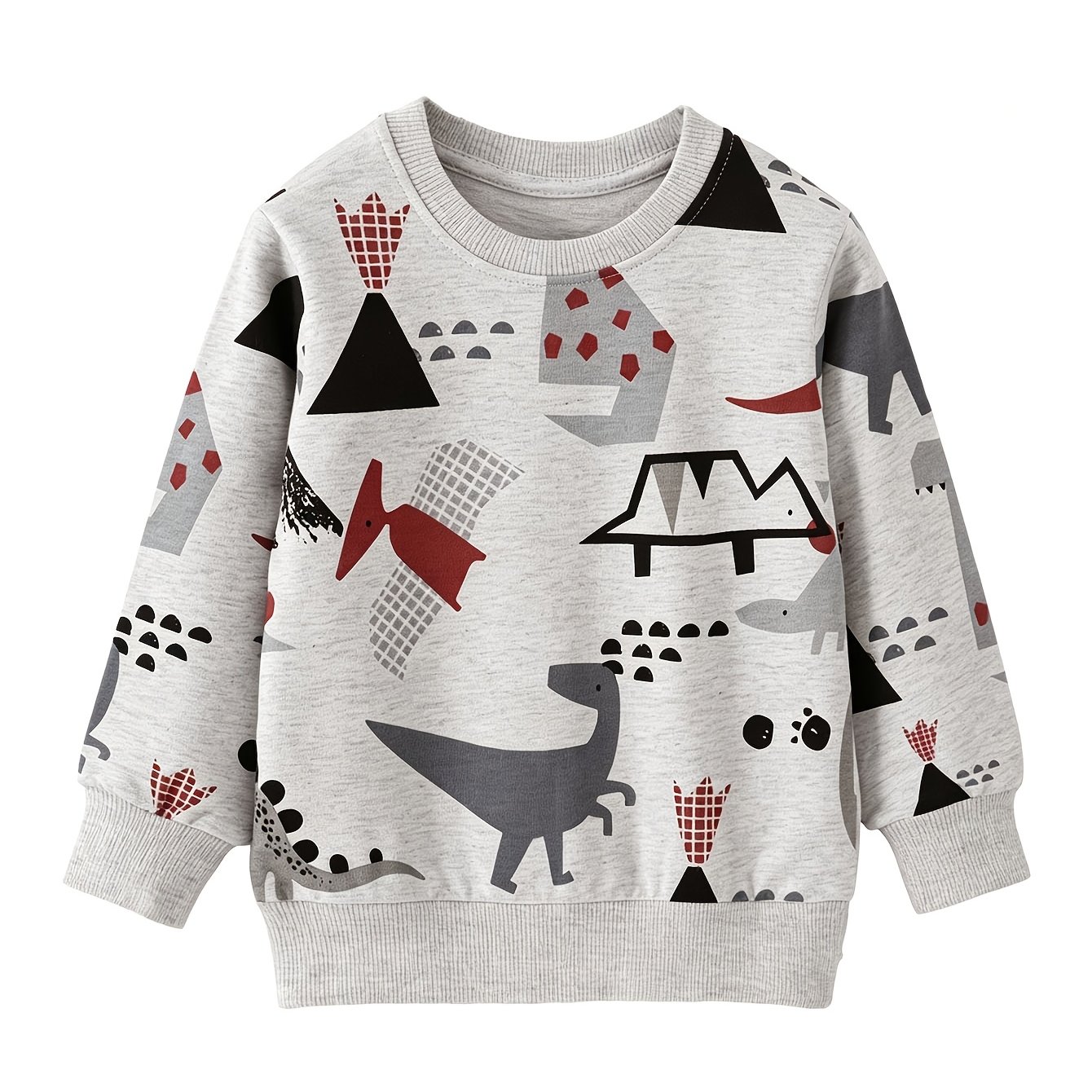 Image of Spring/autumn Boys' Cute Cartoon Dinosaur Print Long Sleeve Sweatshirt, Soft Knit ' Top [suitable For Outdoor Scenes]
