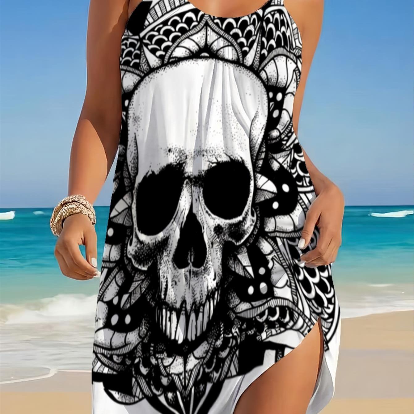 Women's Gothic Skull Print Halter Dress - Intricate Black And White Ornamental Pattern With Floral And Geometric Details, Tattoo- For Summer