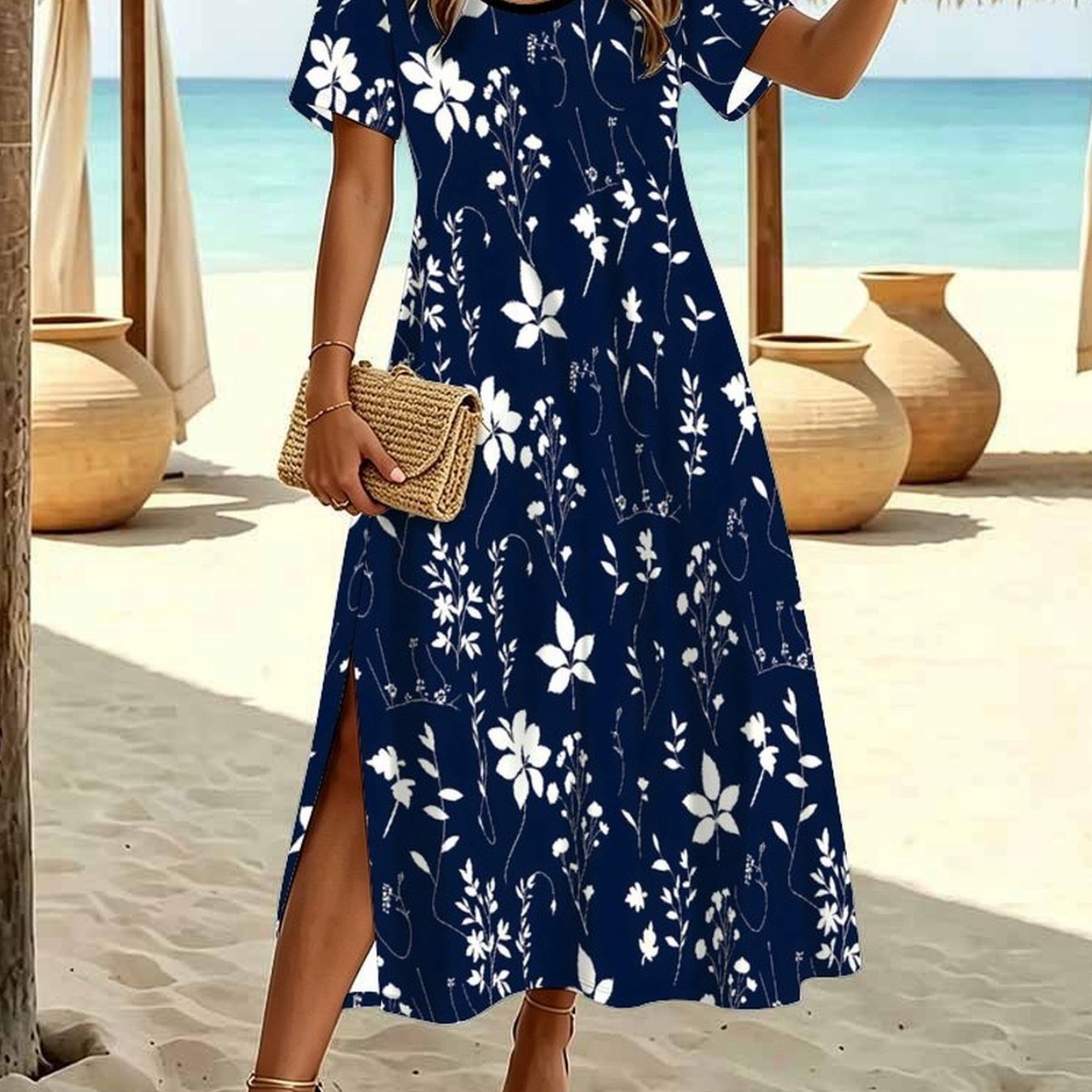 Plus Size, Plus Size Women's Summer Fashion Dress, Casual With Tiny Botanical Floral Print, Crew Neck Short Sleeve Split Hem Elegant Dress.