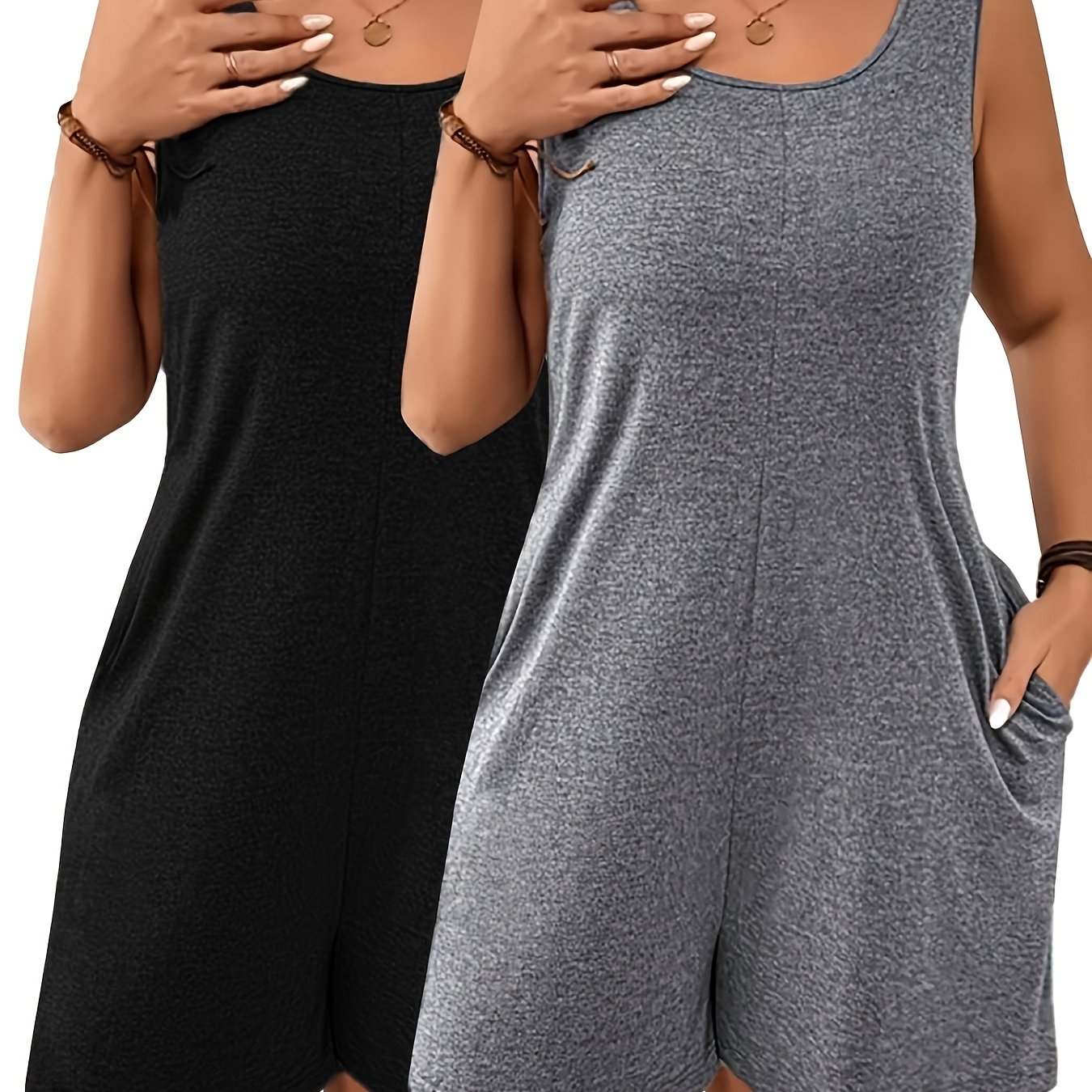 Two-piece Spring And Summer Women's Outfit Featuring A Solid Color Jumpsuit With A Loose Fit And Side Pockets