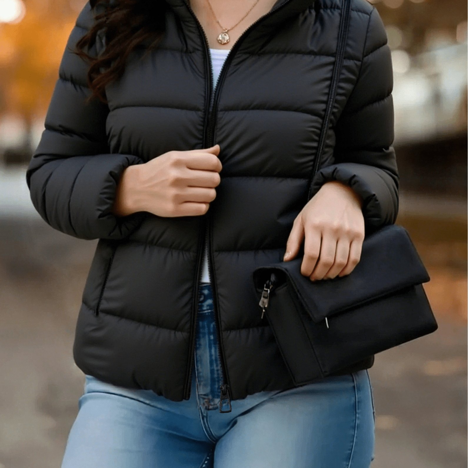 TEMU Women's Elegant Winter Warm Zipper Collar Jacket - Lightweight Puff Coat, Korean Style Solid Color Zippered Outerwear. High Quality, Machine