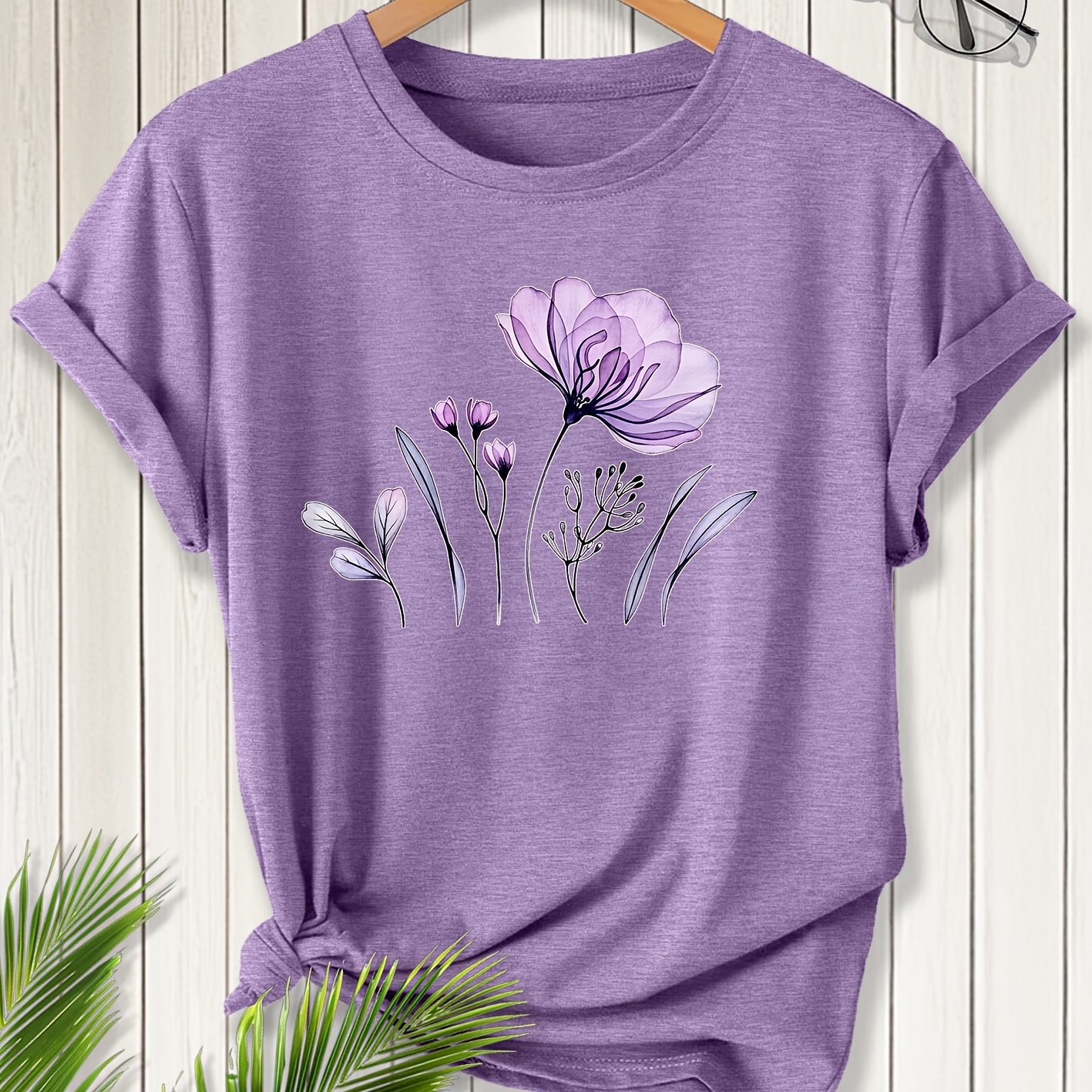 TEMU Women's Elegant Short-sleeve Purple Floral Print Round Neck T-shirt, Suitable For Spring, Summer, And Autumn. A Versatile, Casual, And Elegant