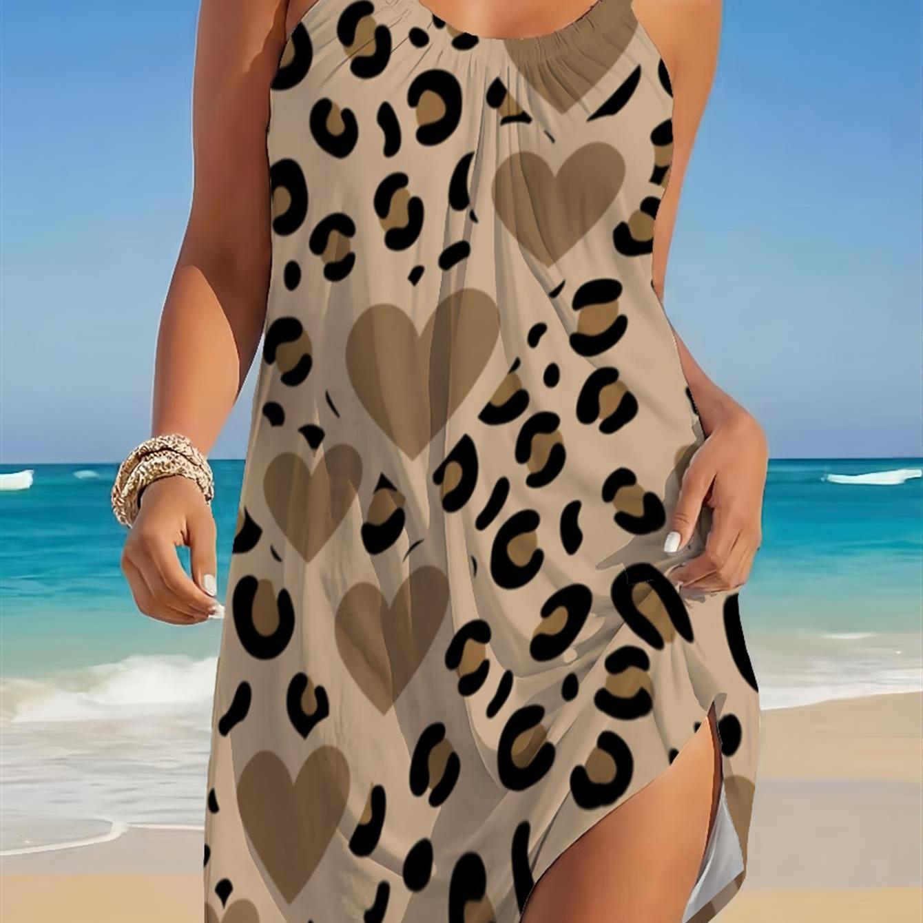 Image of Women's Stylish Halter Dress Featuring A And Brown Heart Graphic Print On Beige