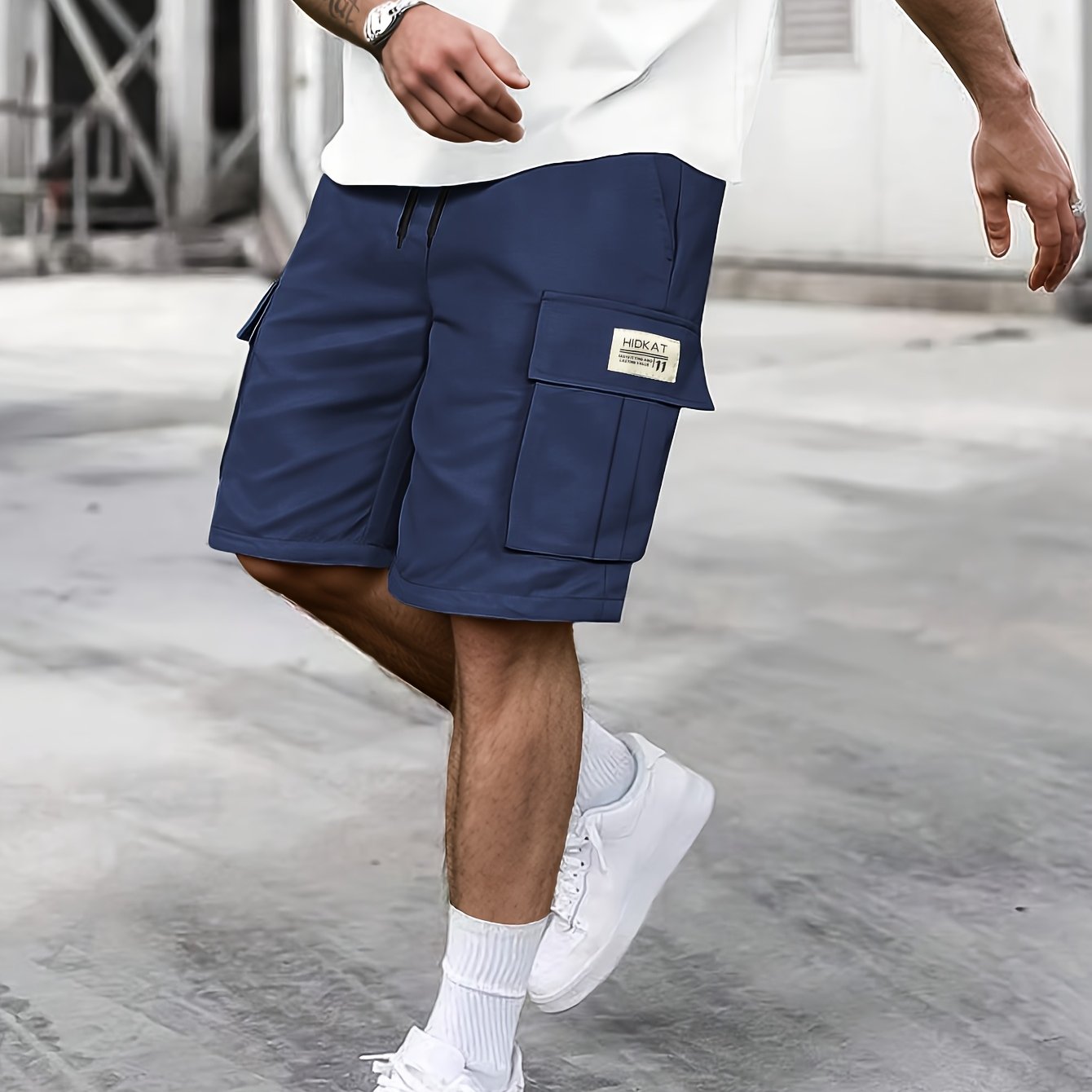 1pc Men's Fashion Waist-cinching Casual Cargo Shorts, Solid Color, Polyester, Multi-, Non-stretch, Suitable For Casual Wear
