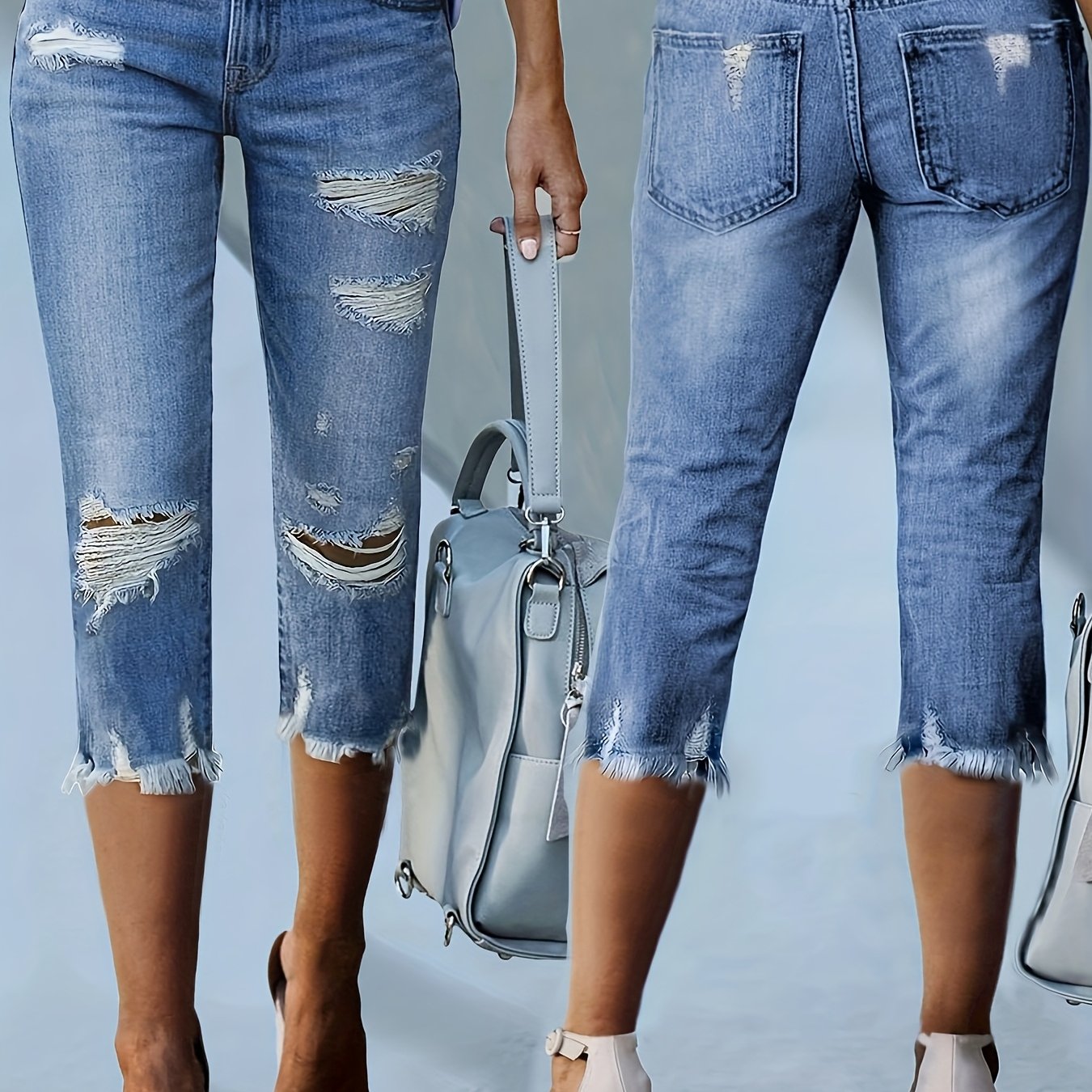 Image of Women's Elastic Cropped Pants, Ripped 7/8 Pants, Classic And Fashionable, Versatile, Slim Fit And Comfortable, Suitable For Travel, , And Everyday Wear