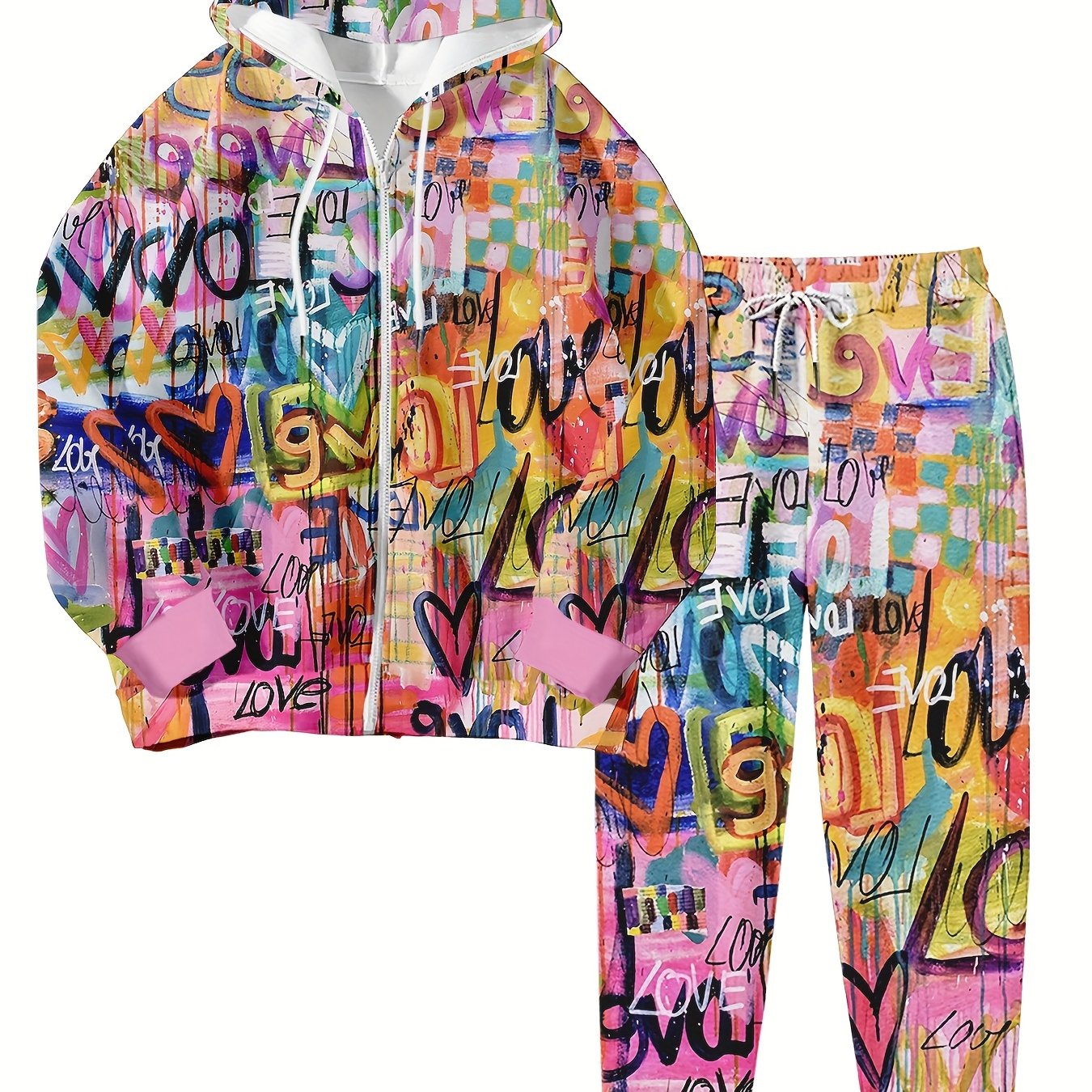 TEMU Plus Size, Large Size Fashionable Love Print 2pcs Set, Casual Zipper Long-sleeved Sweatshirt And Pocket Drawstring Sweatpants Clothing,