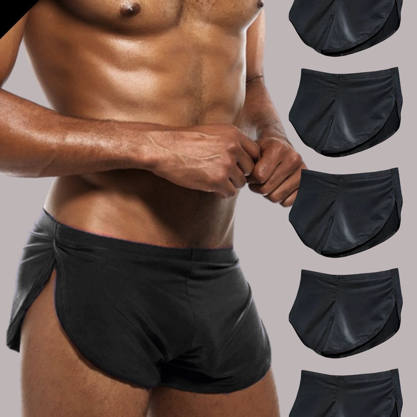 Image of 5pcs Of Men's Underwear In Solid Colors, Designed For , Featuring Stretchy Fabric, Side Slits For Sports, And A , Ideal For Athletic Wear