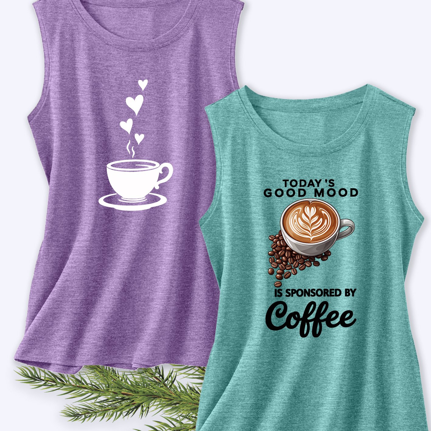 TEMU Two-pack Women's Tank Tops, Coffee Cup Heart And Latte Art Themed Print, Summer Elegant Party Apparel, Sleeveless Tank Tops, Summer Women's