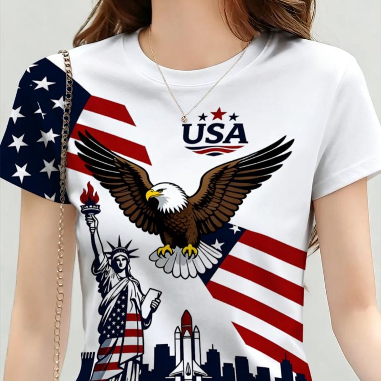 TEMU Women's T-shirt, Usa Symbols Printed, Multiple Sizes , Casual Daily & Vacation Wear, Mixed Colors, Stylish And Comfortable, Design