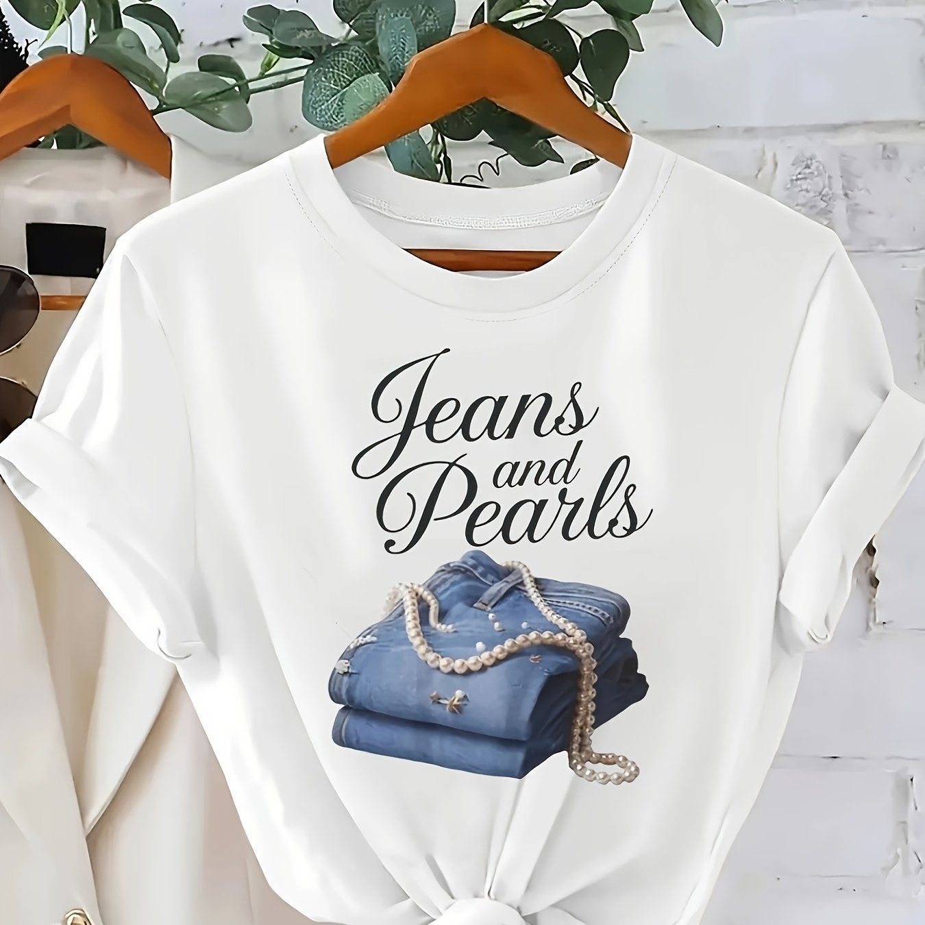E-shop Damendamen Plus Size Jeans & Perlen-Print T-Shirt – Casual Kurzarm Rundhals Top, Handwaschbarer Alltagsschnitt für jede Jahreszeit, Spielhaftes