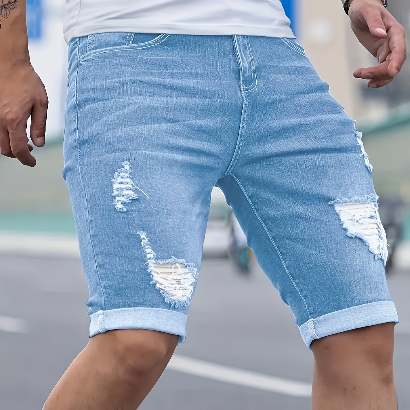 Light-wash Distressed Men's Denim Shorts, Summer Trendy Ins-style Versatile Casual Knee-length Pants