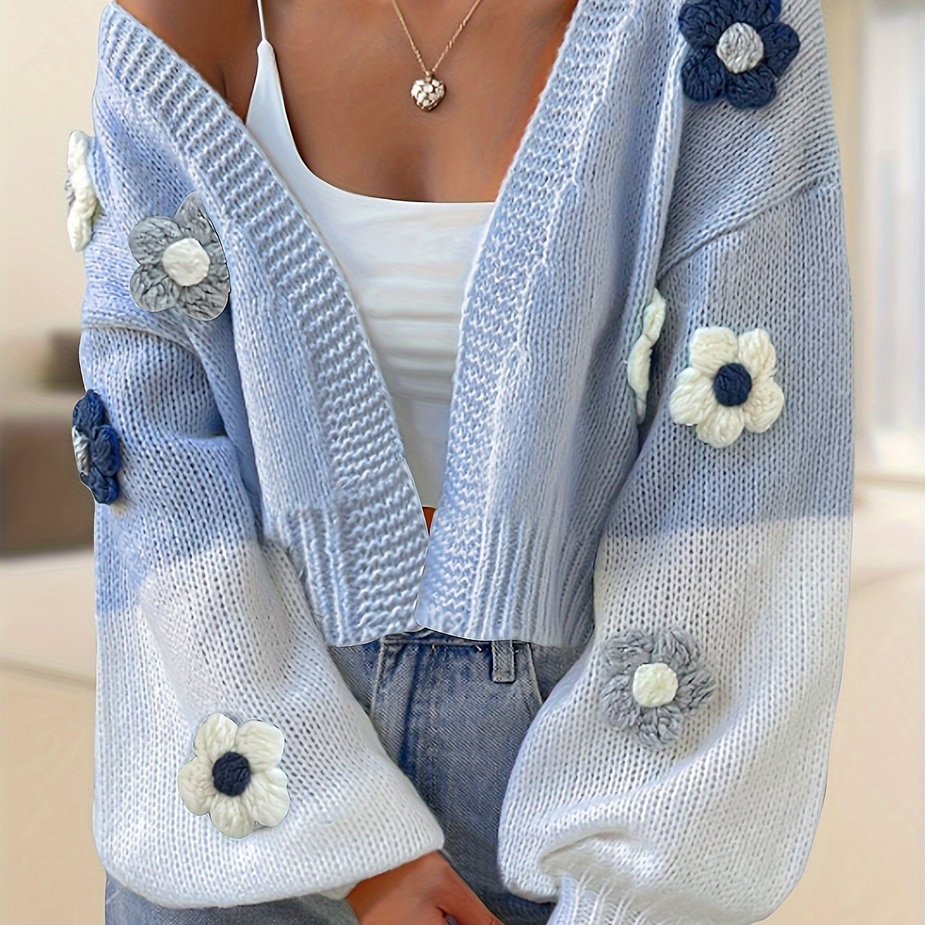 Hand- Sweater Cardigan, Long Sleeve Elegant Floral Top For Women