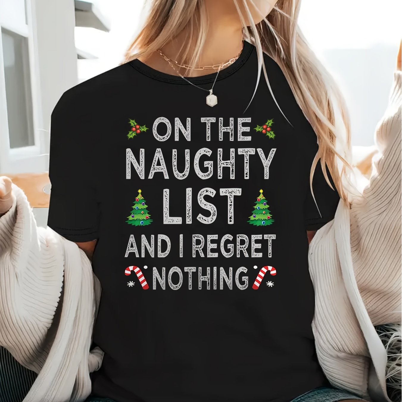 TEMU Women's & Unisex Retro Christmas Naughty List T-shirt - Short Sleeve Loose Fit Blouse With Naughty Text & Tree Print, Round Neck Casual Holiday